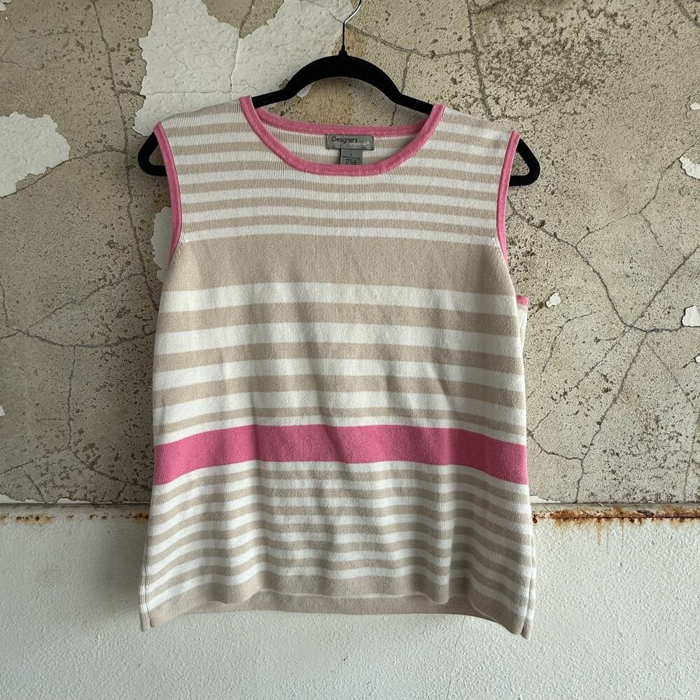 Striped Knit Tank Top Beige White Pink Contrast Trim 100% Cotton Sleeveless